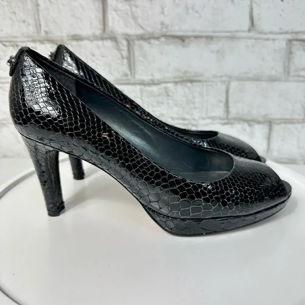 Stuart Weitzman Heels Leather Croc Snake Pattern Patent Peep Toe Pump Black 7.5
